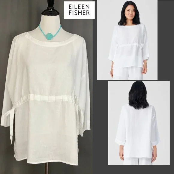Eileen Fisher Handkerchief Linen Drawstring 3/4 Sleeves Top White Sz L - Picture 2 of 16